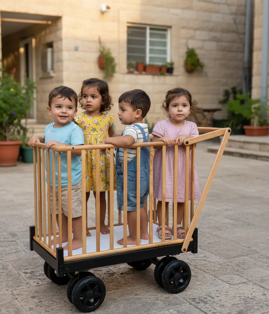 מאחורי הקלעים של צילומי עגלול-לי - ילדים עומדים בעגלולים שונים בסביבה ביתית