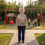 גננת בטיול חצר עם עגלול 8 גלגלים, דגש על בטיחות ויציבות.