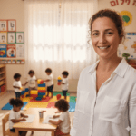 גננת בתוך חלל גן ילדים מודרני, דגש על מרחב מחיה בריא בעגלול.