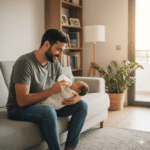 אבא מחייך עם תינוק על הידיים, דגש על סגנון חיים פעיל עם עגלול שטח.