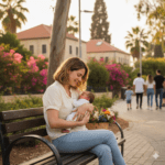 אמא בעיר עם עגלול מתקפל, מדגימה קיפול מהיר לרכב ולמעלית.