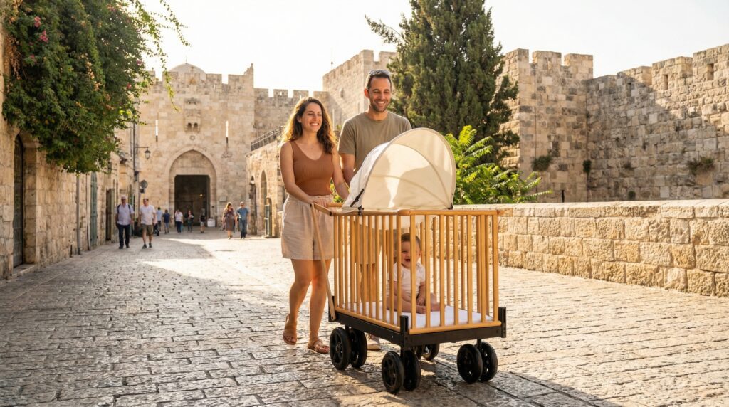 עגלול פרימיום 8 גלגלים ברחוב עירוני – זוג הורים מובילים עגלול יציב ובטיחותי על מדרכה