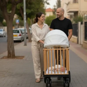 עגלול פרימיום 8 גלגלים ברחוב עירוני – זוג הורים מובילים עגלול יציב ובטיחותי על מדרכה